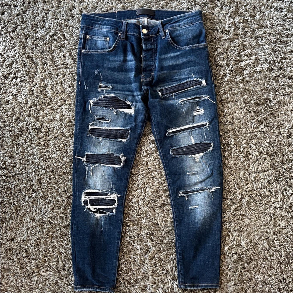 Amiri Distressed Slim-Fit Jeans x Black Leather Inserts